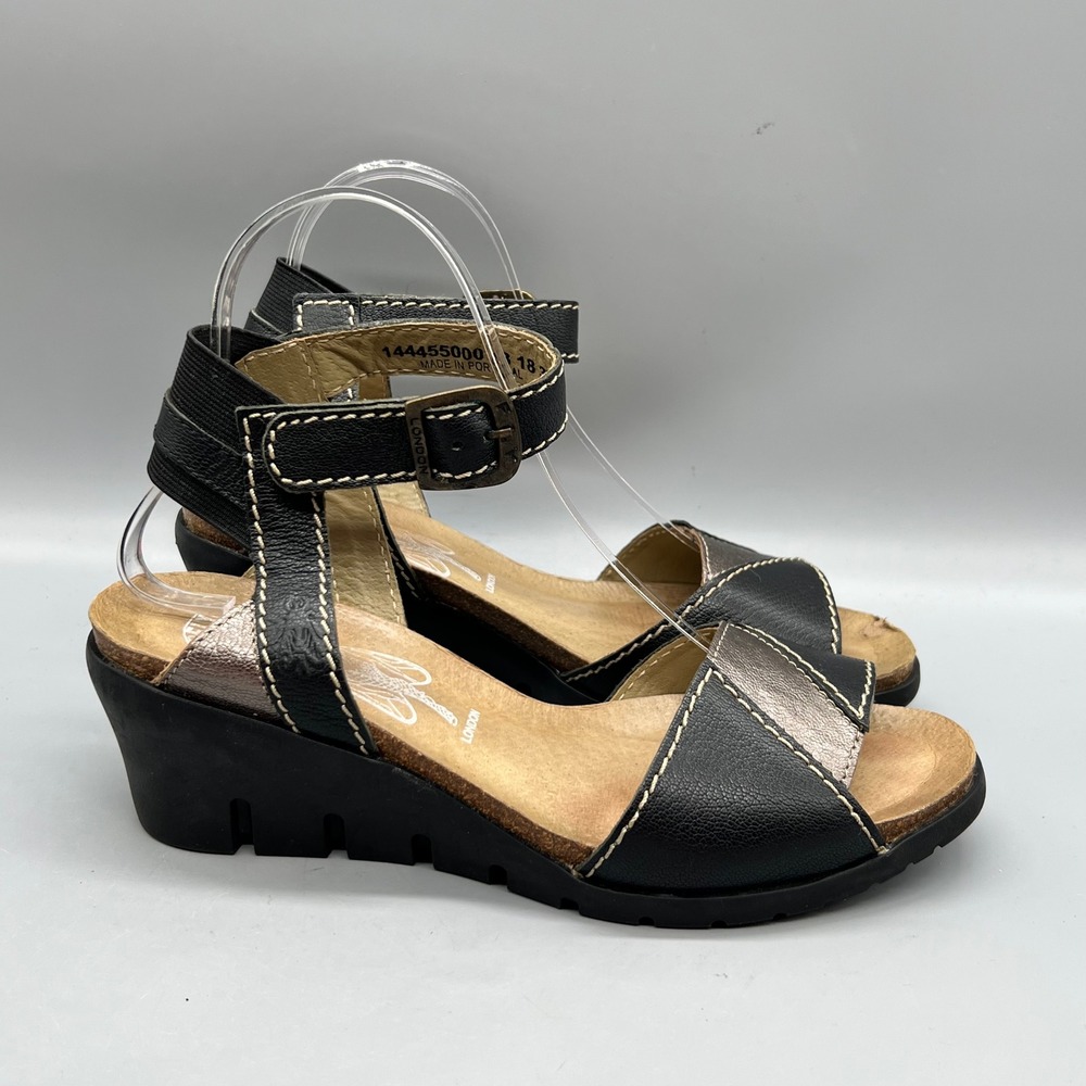 Fly London Sandals Womens 8.5 Black Leather Ankle Strap Buckle Wedge Shoes